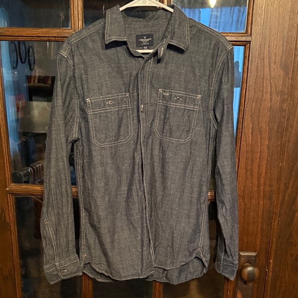 American‎ Eagle Mens Classic Fit Long Sleeve Button Down Shirt Blue Medium M